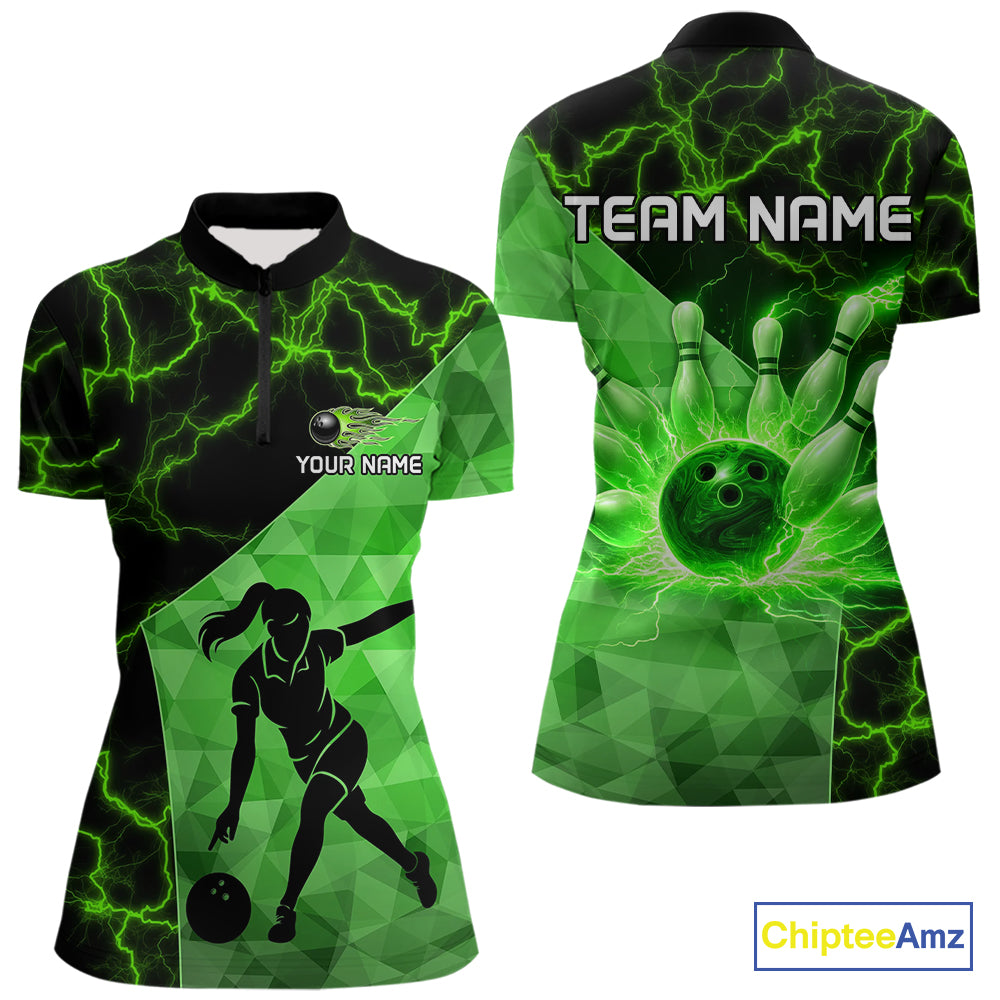 Green Thunder Lightning Bowling Polo, Quarter Zip Shirts For Women Custom Team Bowling Outfit NQS10821