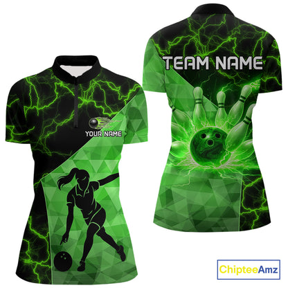 Green Thunder Lightning Bowling Polo, Quarter Zip Shirts For Women Custom Team Bowling Outfit NQS10821