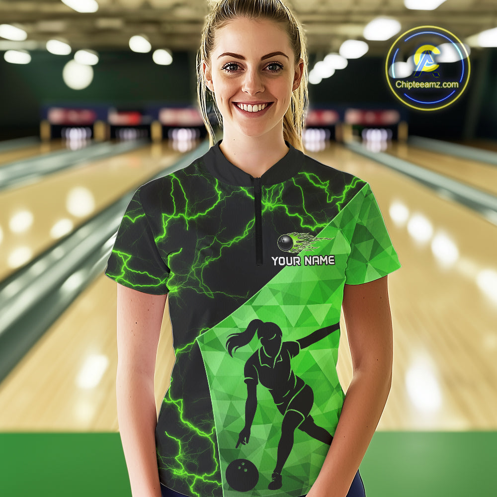 Green Thunder Lightning Bowling Polo, Quarter Zip Shirts For Women Custom Team Bowling Outfit NQS10821