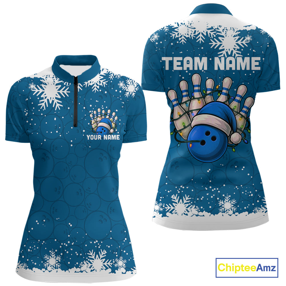 Blue Christmas Bowling snowflake Women's Bowling Polo, Quarter Zip shirts Custom Xmas Bowling Outfits NQS10995