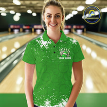 Load image into Gallery viewer, Green Christmas Bowling snowflake Women&#39;s Bowling Polo, Quarter Zip shirt Custom Xmas Bowling Outfits NQS10996
