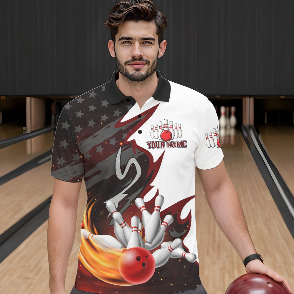Black and White American flag Bowling jersey Custom Patriotic Bowling Polo, 1/4 Zip Shirts For Men NQS10999