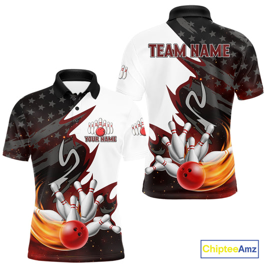 Black and White American flag Bowling jersey Custom Patriotic Bowling Polo, 1/4 Zip Shirts For Men NQS10999