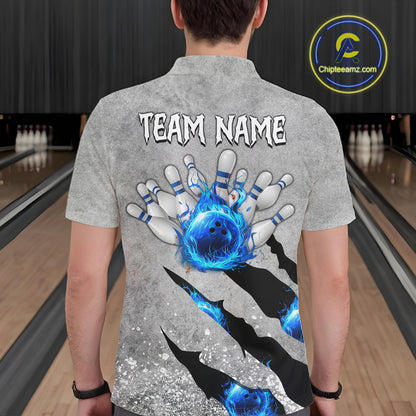 Blue flame bowling ball jerseys Gray grunge custom bowling shirts for men, bowling league shirts NQS11396