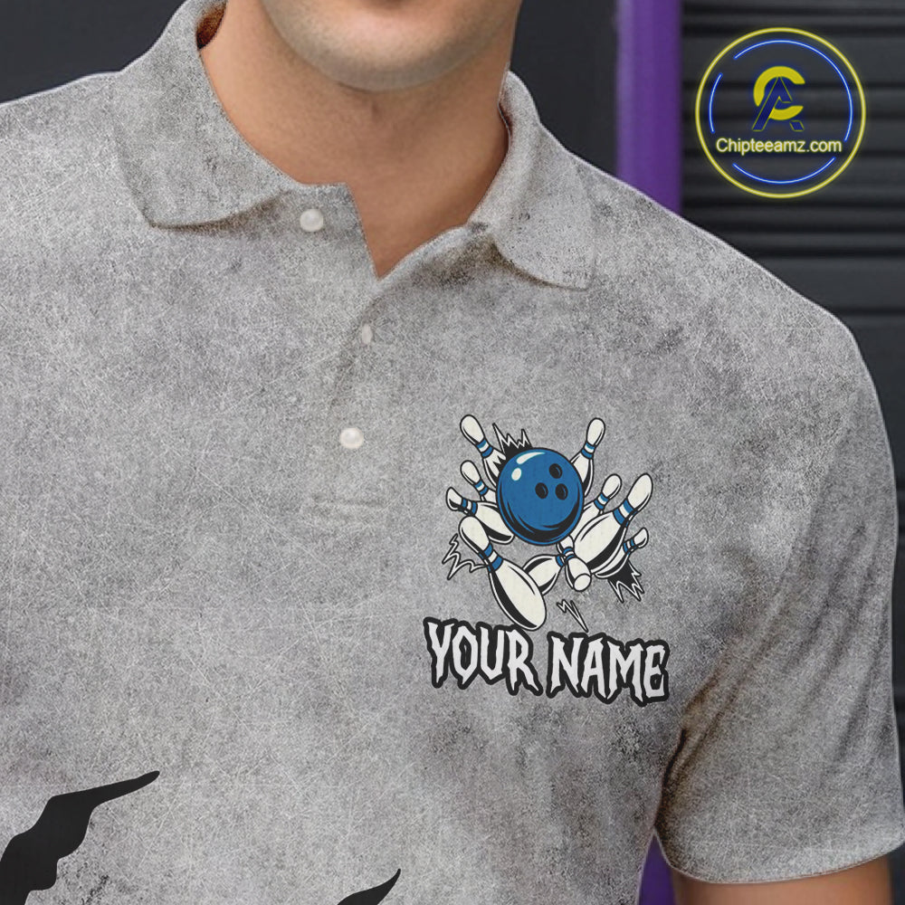 Blue flame bowling ball jerseys Gray grunge custom bowling shirts for men, bowling league shirts NQS11396