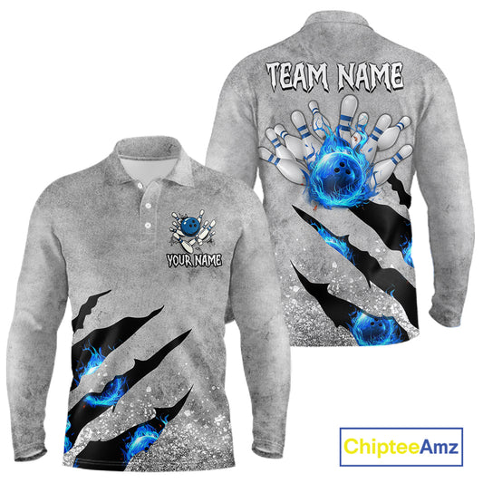 Blue flame bowling ball jerseys Gray grunge custom bowling shirts for men, bowling league shirts NQS11396