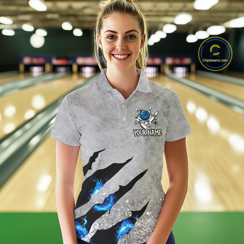 Blue flame bowling ball jerseys Gray grunge custom bowling shirts women, bowling league shirts NQS11396
