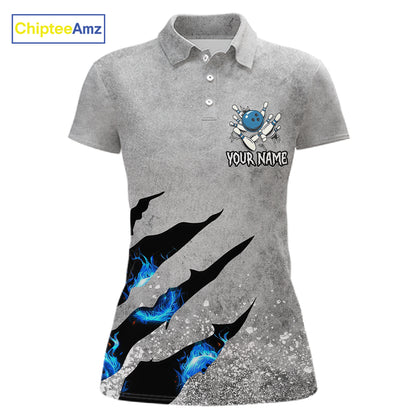 Blue flame bowling ball jerseys Gray grunge custom bowling shirts women, bowling league shirts NQS11396