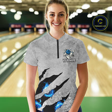 Load image into Gallery viewer, Blue flame bowling ball jerseys Gray grunge custom bowling shirts women, bowling league shirts NQS11396