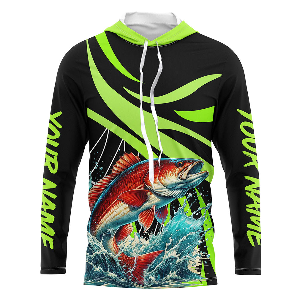 Personalized Redfish puppy Long Sleeve Fishing Shirts, Red drum Tournament Fishing Jerseys | Green NQS7425
