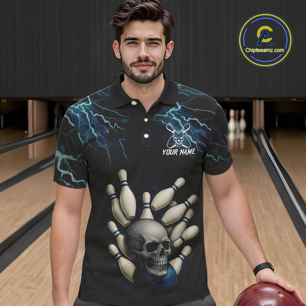 Blue Thunder Lightning Skull Reaper Bowling Polo, 1/4 Zip Shirts For Men Custom team bowling jerseys NQS9849