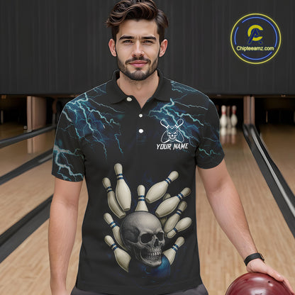 Blue Thunder Lightning Skull Reaper Bowling Polo, 1/4 Zip Shirts For Men Custom team bowling jerseys NQS9849