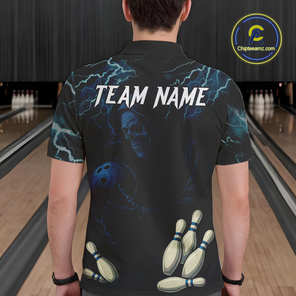 Blue Thunder Lightning Skull Reaper Bowling Polo, 1/4 Zip Shirts For Men Custom team bowling jerseys NQS9849