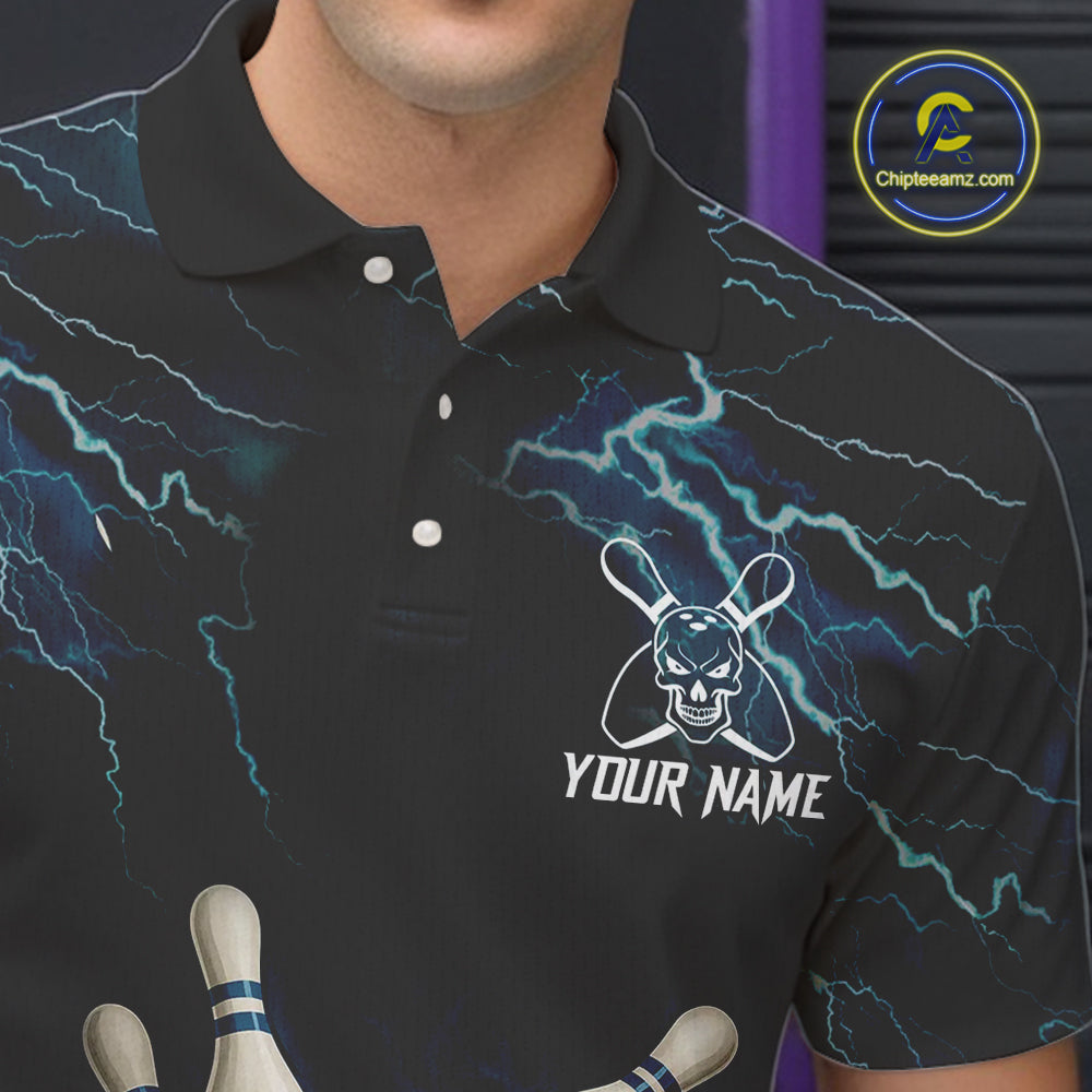 Blue Thunder Lightning Skull Reaper Bowling Polo, 1/4 Zip Shirts For Men Custom team bowling jerseys NQS9849