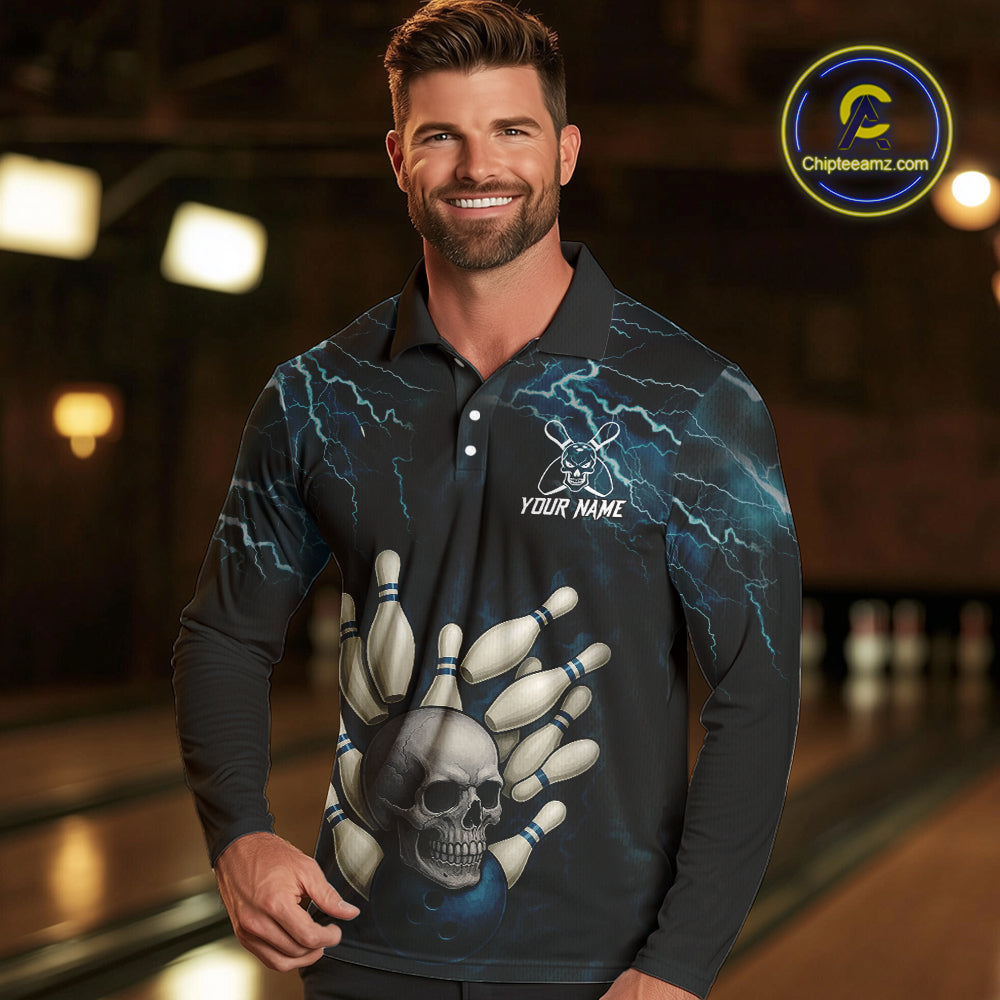 Blue Thunder Lightning Skull Reaper Bowling Polo, 1/4 Zip Shirts For Men Custom team bowling jerseys NQS9849