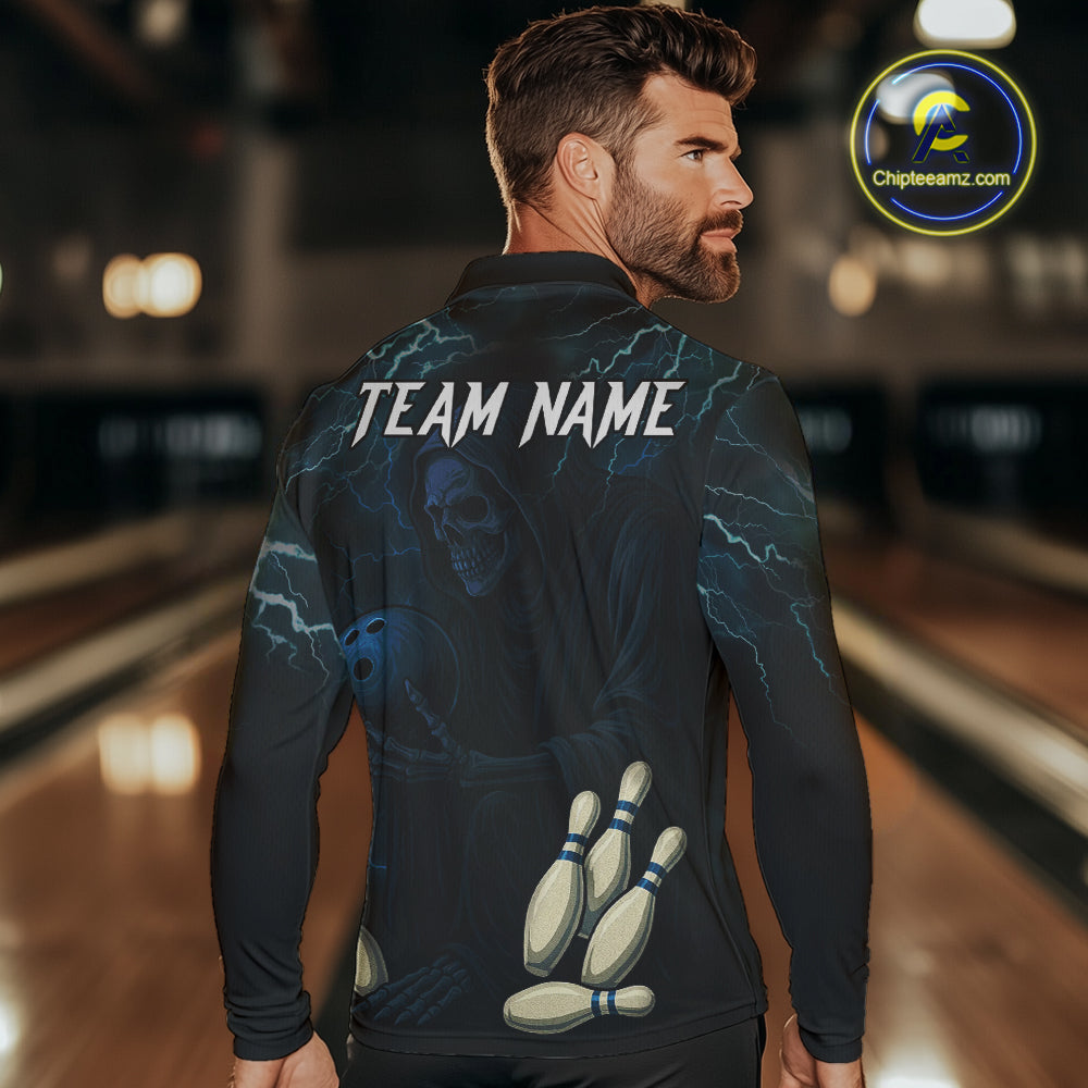 Blue Thunder Lightning Skull Reaper Bowling Polo, 1/4 Zip Shirts For Men Custom team bowling jerseys NQS9849