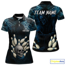 Load image into Gallery viewer, Blue Thunder Lightning Skull Reaper Bowling Polo, 1/4 Zip Shirts For Women Custom team bowling jerseys NQS9849