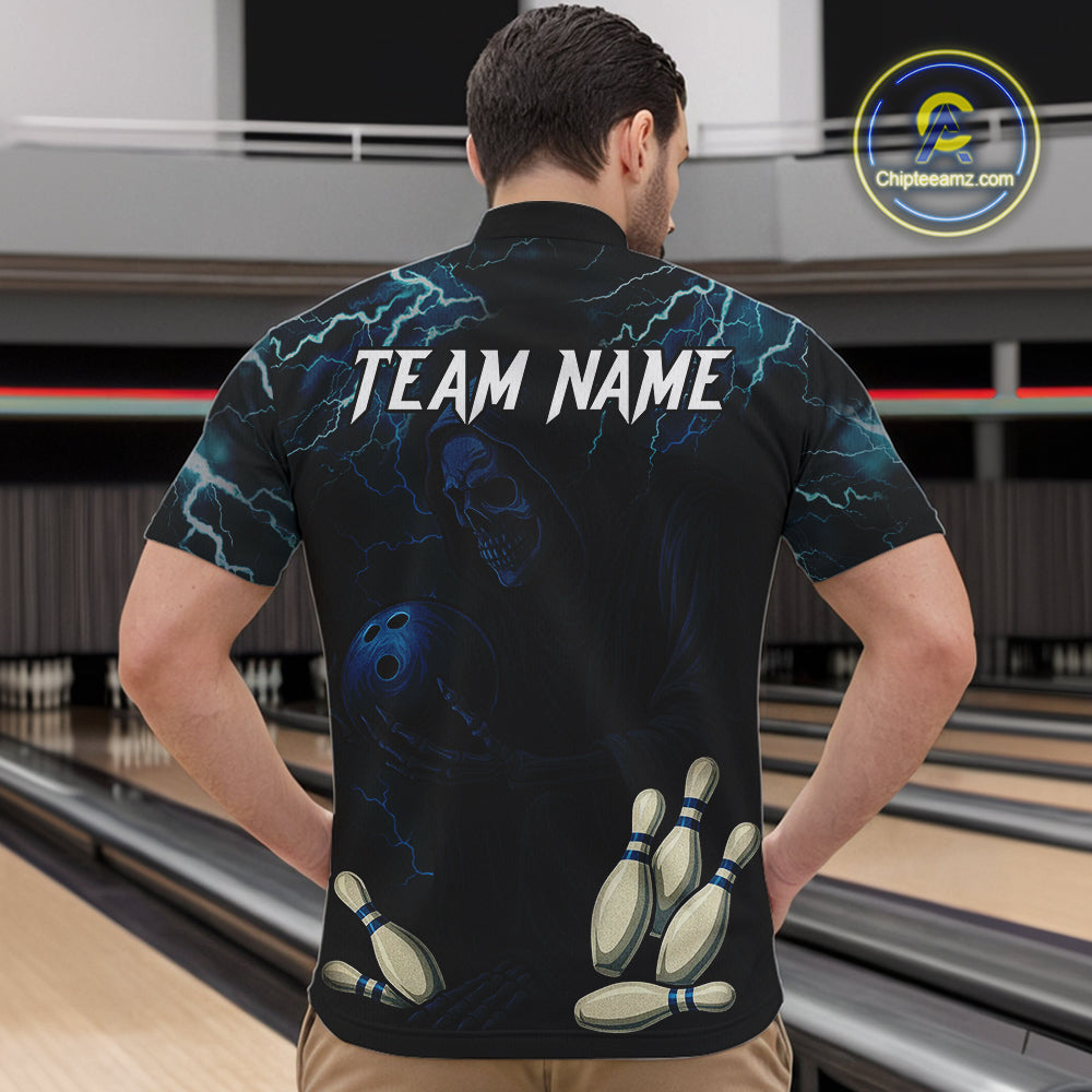 Blue Thunder Lightning Skull Reaper Bowling Polo, 1/4 Zip Shirts For Men Custom team bowling jerseys NQS9849