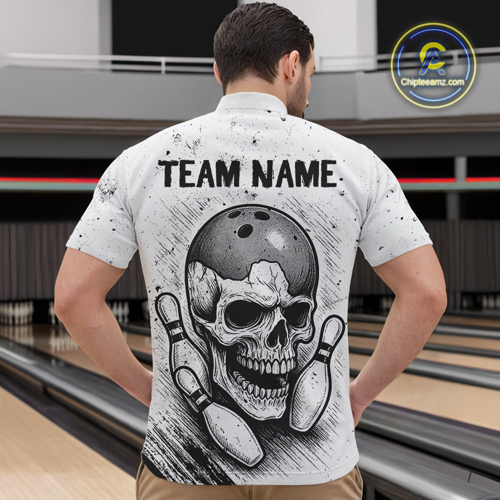 Black and White Grunge Skull Bowling Polo, 1/4 Zip Shirts For Men Custom Skull team bowling jerseys NQS9854