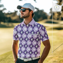 Load image into Gallery viewer, Mens golf polo shirts custom purple argyle plaid pattern golf attire for men, golfer gifts NQS10078