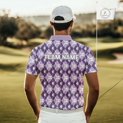 Mens golf polo shirts custom purple argyle plaid pattern golf attire for men, golfer gifts NQS10078