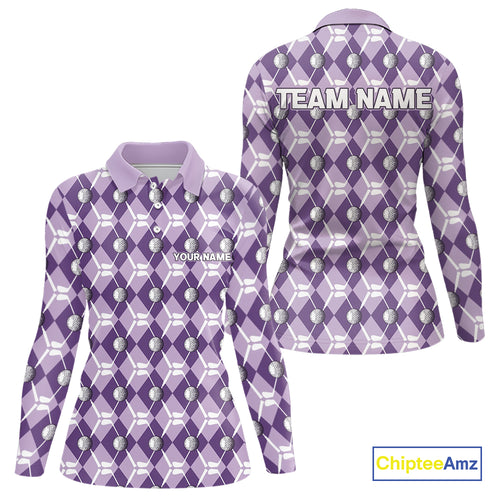 Women golf polo shirts custom purple argyle plaid pattern golf attire for ladies, golfer gifts NQS10078