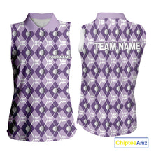 Load image into Gallery viewer, Women sleeveless polo shirt custom purple argyle plaid pattern golf attire for ladies, golfer gifts NQS10078