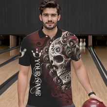 Load image into Gallery viewer, Red and Black Skull Scroll Men Bowling Polo, Quarter Zip Shirts Custom Skull Team bowling Jersey NQS9331
