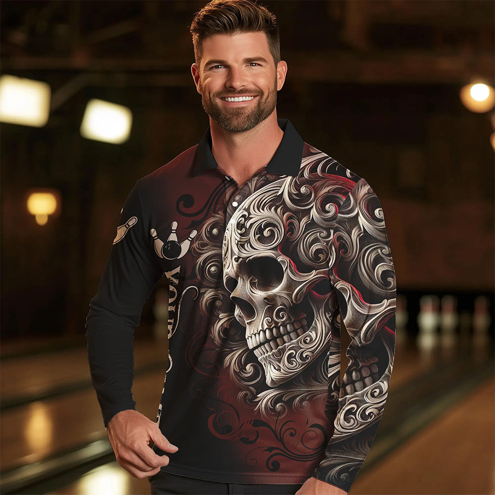 Red and Black Skull Scroll Men Bowling Polo, Quarter Zip Shirts Custom Skull Team bowling Jersey NQS9331