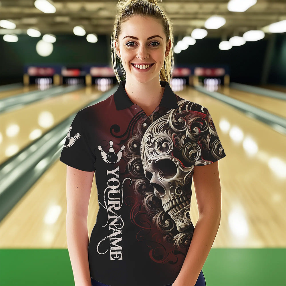 Red and Black Skull Scroll Women Bowling Polo, Quarter Zip Shirts Custom Skull Team bowling Jersey NQS9331