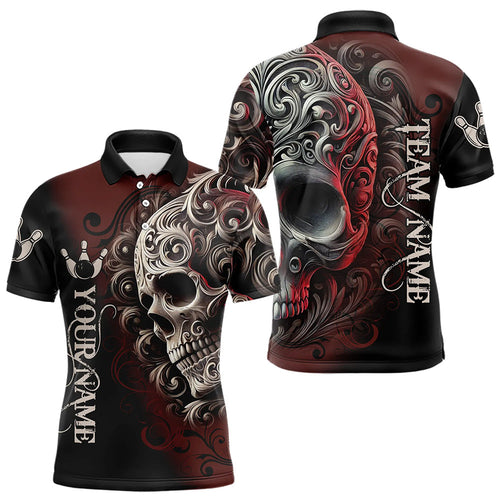 Red and Black Skull Scroll Men Bowling Polo, Quarter Zip Shirts Custom Skull Team bowling Jersey NQS9331
