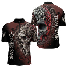 Load image into Gallery viewer, Red and Black Skull Scroll Men Bowling Polo, Quarter Zip Shirts Custom Skull Team bowling Jersey NQS9331