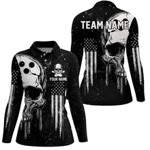 Load image into Gallery viewer, Personalized Black White grunge American Flag Skull Women Bowling Team Shirt, Patriotic Bowling Jersey NQS8601