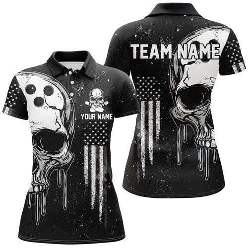 Personalized Black White grunge American Flag Skull Women Bowling Team Shirt, Patriotic Bowling Jersey NQS8601