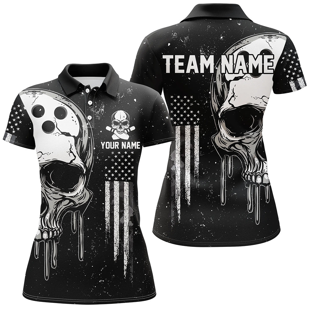 Personalized Black White grunge American Flag Skull Women Bowling Team Shirt, Patriotic Bowling Jersey NQS8601