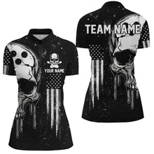 Load image into Gallery viewer, Personalized Black White grunge American Flag Skull Women Bowling Team Shirt, Patriotic Bowling Jersey NQS8601