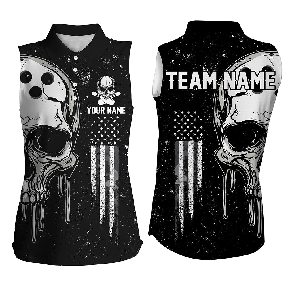 Personalized Black White American Flag Skull Bowling sleeveless polo Shirt, Patriotic Bowling Jersey NQS8601