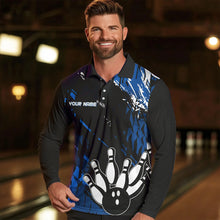 Load image into Gallery viewer, Black and Blue Mens bowling shirts Custom retro bowling ball and pins bowling team league jerseys NQS9474