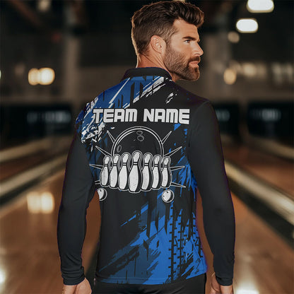 Black and Blue Mens bowling shirts Custom retro bowling ball and pins bowling team league jerseys NQS9474