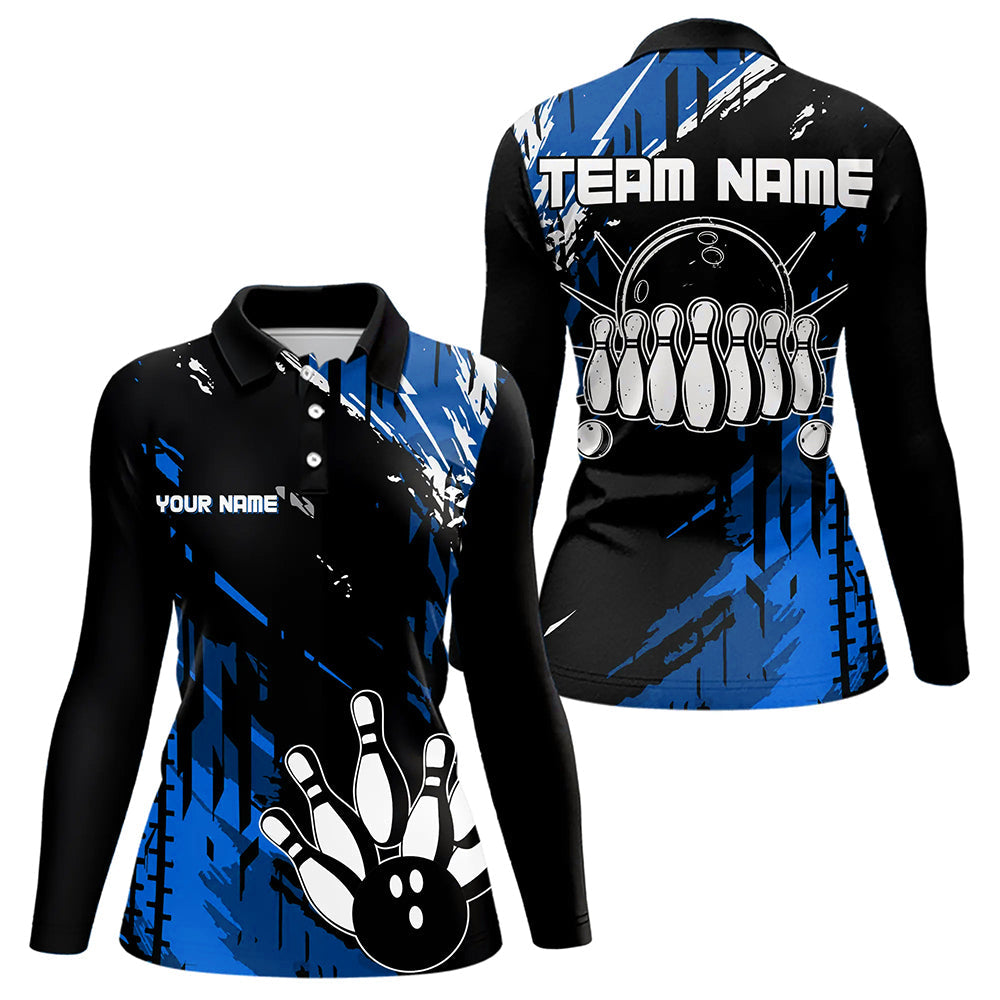 Black and Blue Womens bowling shirts Custom retro bowling ball and pins bowling team league jerseys NQS9474
