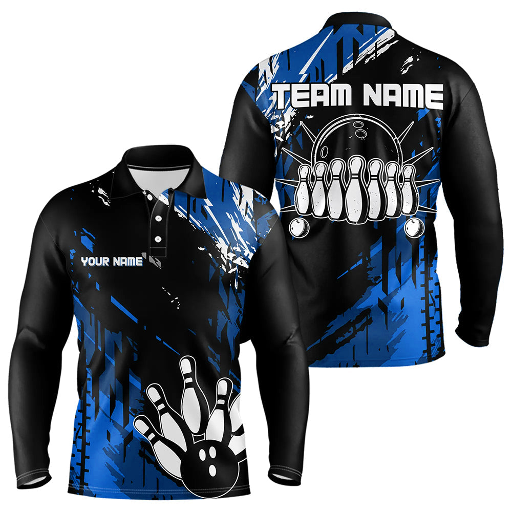 Black and Blue Mens bowling shirts Custom retro bowling ball and pins bowling team league jerseys NQS9474