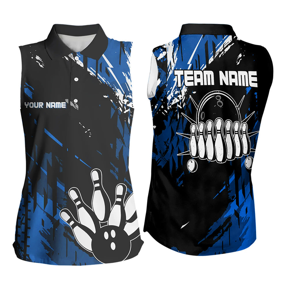 Black and Blue Bowling Sleeveless Polo Shirt Custom retro bowling ball pin bowling team league jerseys NQS9474