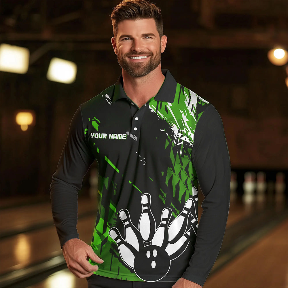 Black and Green Mens bowling shirts Custom retro bowling ball and pins bowling team league jerseys NQS9475
