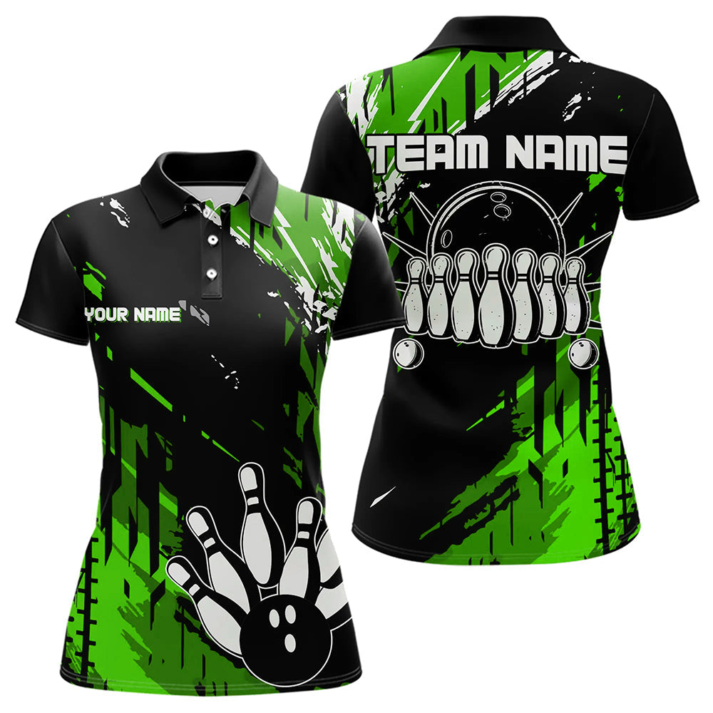 Black and Green Womens bowling shirts Custom retro bowling ball and pins bowling team league jerseys NQS9475