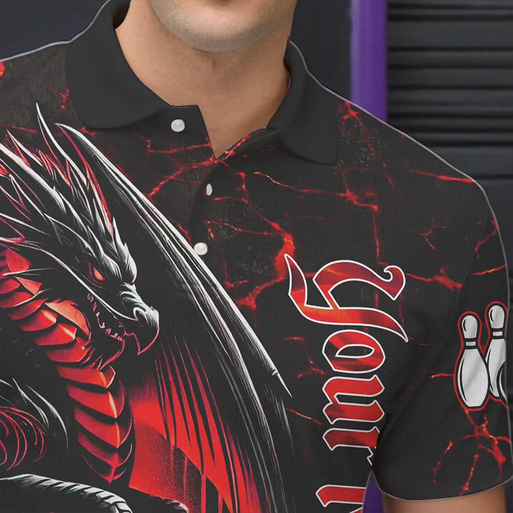 Black And Red Custom Dragon Bowling Shirts For Men, Dragon Bowling Team Shirts NQS9478