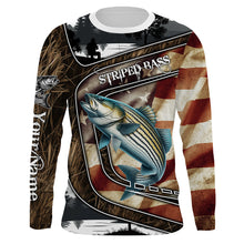 Load image into Gallery viewer, Striped Bass Fishing camo American flag patriotic Customize name striper long sleeve fishing shirts NQS4857