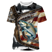 Load image into Gallery viewer, Striped Bass Fishing camo American flag patriotic Customize name striper long sleeve fishing shirts NQS4857