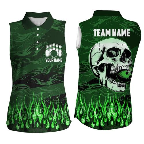 Women sleeveless polo shirts Custom Green camo Flame Skull Bowling Team Jerseys, gift for Bowlers NQS7431