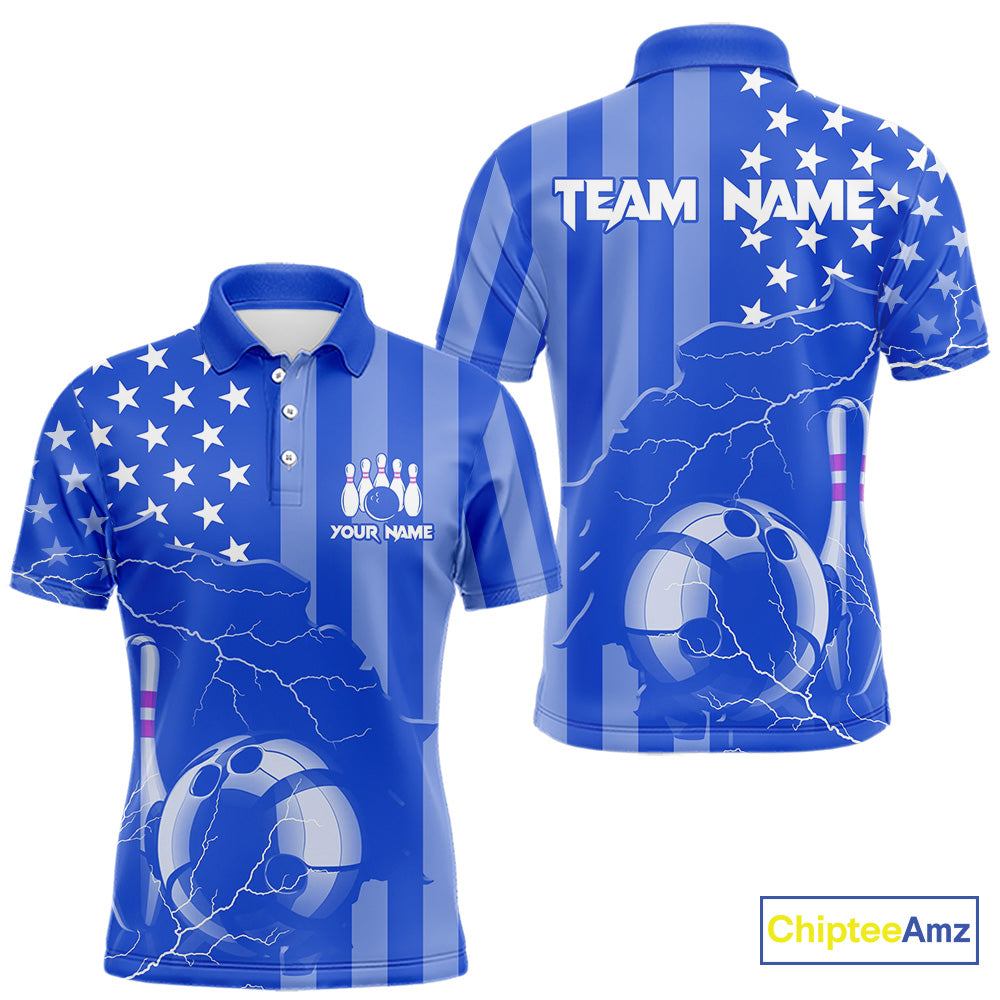 Personalized Blue American flag Lightning thunder Custom Bowling Team Shirts For Mens Bowling Jersey NQS9857
