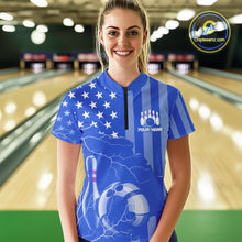 Load image into Gallery viewer, Personalized Blue American flag Lightning thunder Custom Bowling Team Shirts For Women Bowling Jersey NQS9857